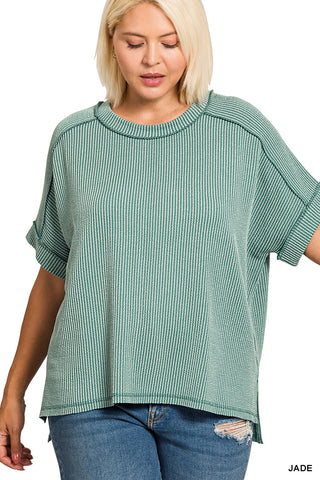 Enya Plus Ribbed Cuff Raw Edge Top • Jade