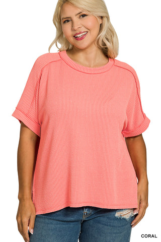 Enya Plus Ribbed Cuff Raw Edge Top • Coral