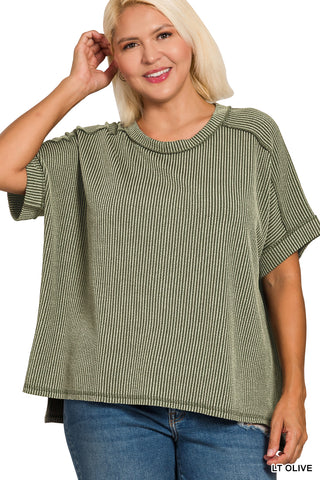 Enya Plus Ribbed Cuff Raw Edge Top • Lt Olive