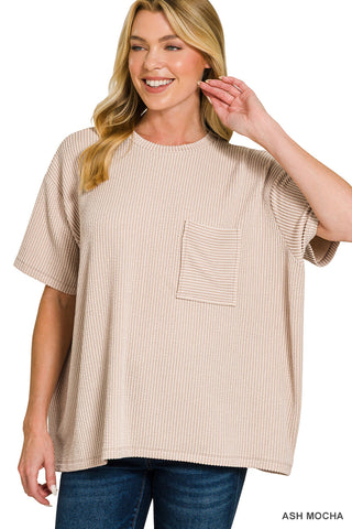 Luna Ribbed Short Sleeve Pocket Top • Ash Mocha