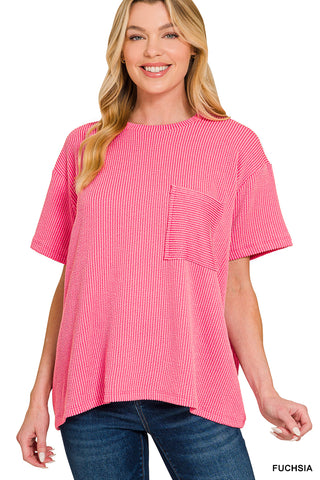Luna Ribbed Short Sleeve Pocket Top • Fuchsia