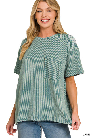 Luna Ribbed Short Sleeve Pocket Top • Jade