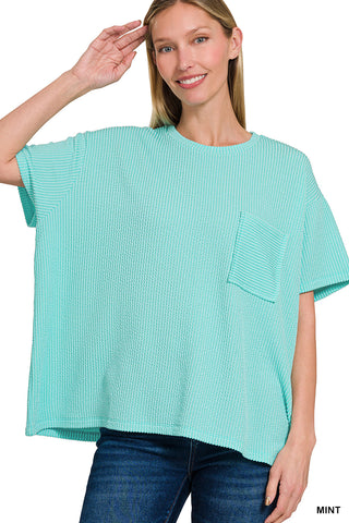 Luna Ribbed Short Sleeve Pocket Top • Mint
