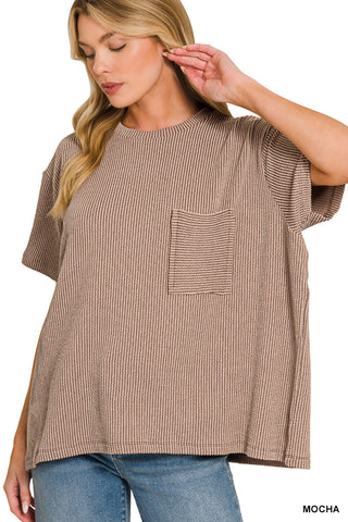 Luna Ribbed Short Sleeve Pocket Top • Mocha
