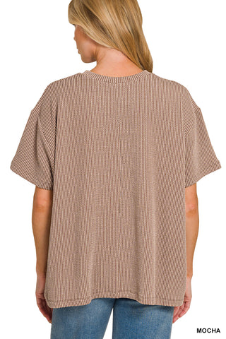 Luna Ribbed Short Sleeve Pocket Top • Mocha