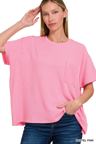 Luna Ribbed Short Sleeve Pocket Top • Pastel Pink