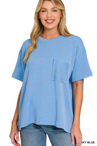 Luna Ribbed Short Sleeve Pocket Top • Sky Blue