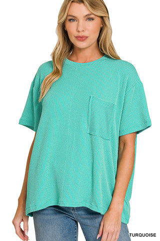 Luna Ribbed Short Sleeve Pocket Top • Turquoise