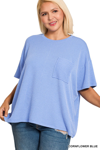 Larisa Plus Ribbed Short Sleeve Pocket Top • Cornflower Blue