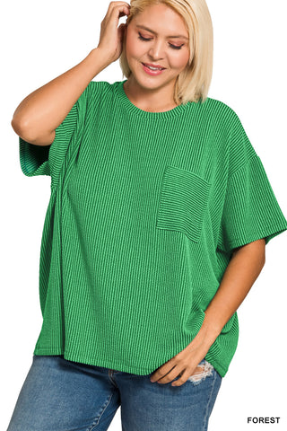 Larisa Plus Ribbed Short Sleeve Pocket Top • Forest