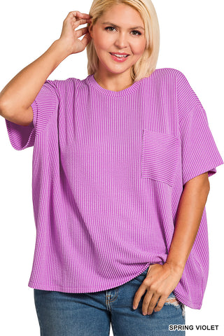 Larisa Plus Ribbed Short Sleeve Pocket Top • Spring Violet