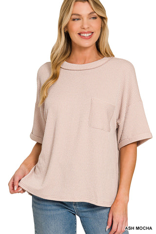 Emery Ribbed Short Sleeve Pocket Top • Ash Mocha