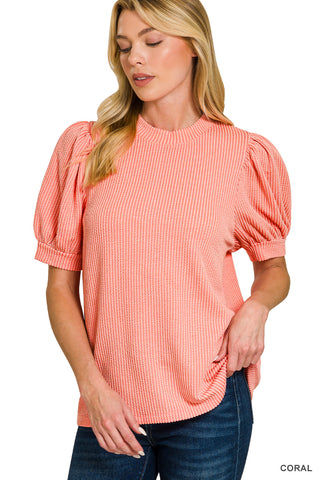 Tiana Ribbed Puff Sleeve Top • Coral
