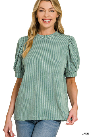 Tiana Ribbed Puff Sleeve Top • Jade