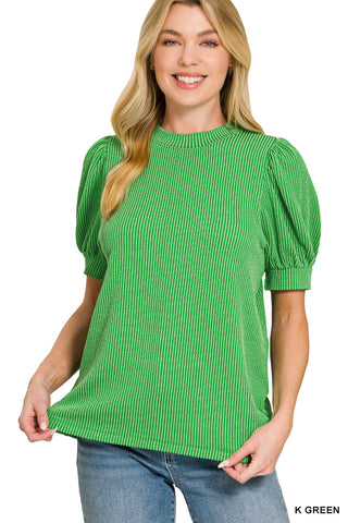 Tiana Ribbed Puff Sleeve Top • Kelly Green