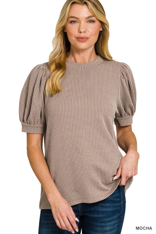 Tiana Ribbed Puff Sleeve Top • Mocha