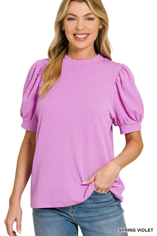 Tiana Ribbed Puff Sleeve Top • Spring Violet