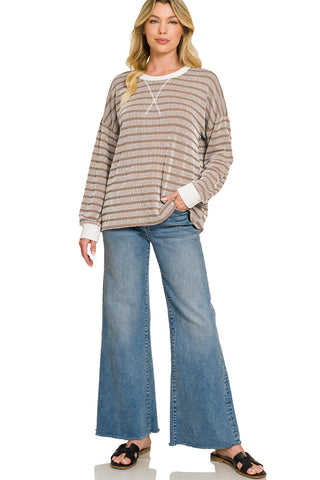 Laura Ribbed Striped Round Neck Pullover • Mocha