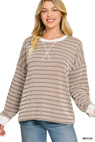Laura Ribbed Striped Round Neck Pullover • Mocha