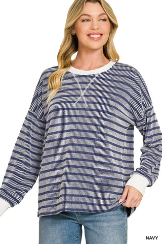 Laura Ribbed Striped Round Neck Pullover • Navy