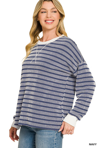 Laura Ribbed Striped Round Neck Pullover • Navy