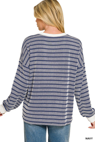 Laura Ribbed Striped Round Neck Pullover • Navy