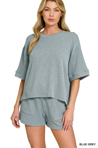 Harlow Ribbed Short Sleeve Short Set • Blue Grey