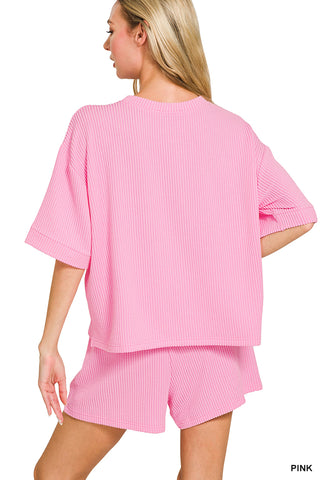 Harlow Ribbed Short Sleeve Short Set • Pink