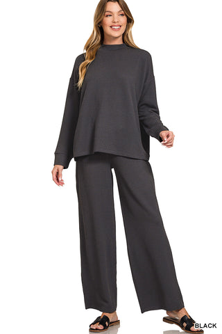 Luella Ribbed Mock Neck LS Top & Pants Set • Black