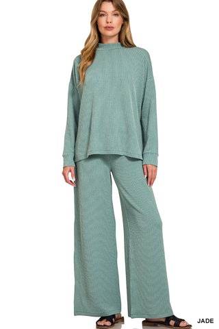 Luella Ribbed Mock Neck LS Top & Pants Set • Jade