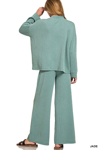 Luella Ribbed Mock Neck LS Top & Pants Set • Jade