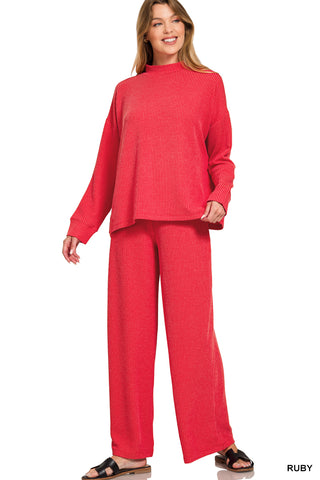 Luella Ribbed Mock Neck LS Top & Pants Set • Ruby