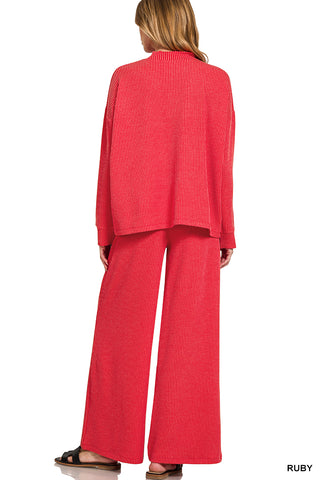Luella Ribbed Mock Neck LS Top & Pants Set • Ruby