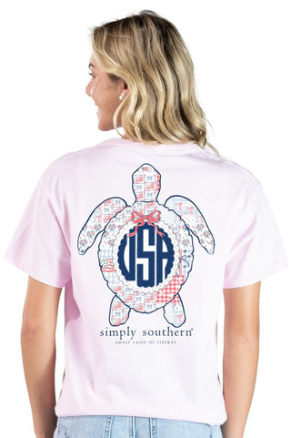 USA Patchwork Turtle Tee • Peony