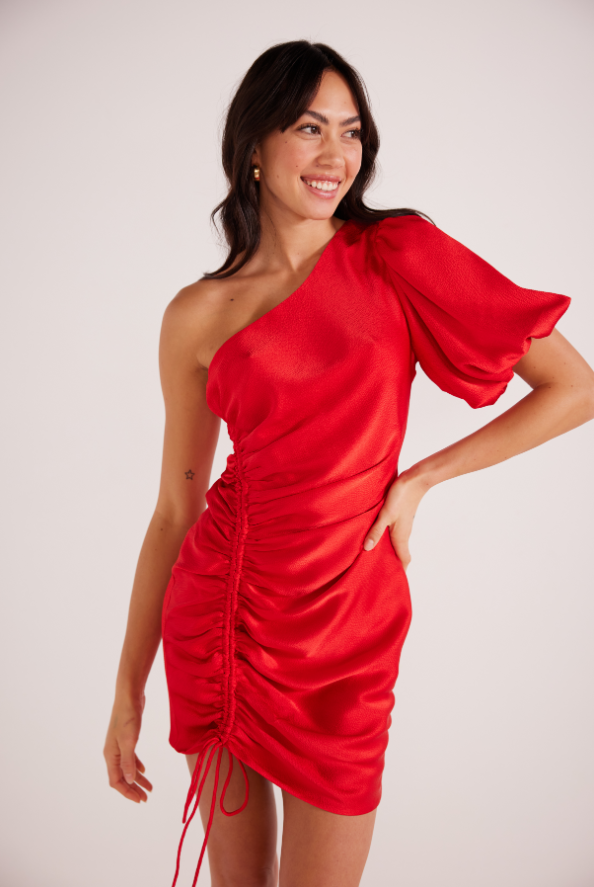 Sonia One Shoulder Mini Dress • Red