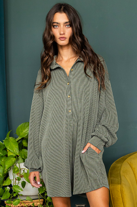 Oversized Button Up Knit Romper•Olive
