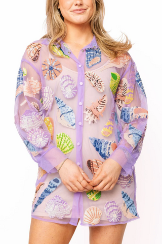QOS Purple Sheer Multi Sea Shell Button Up Cover Up