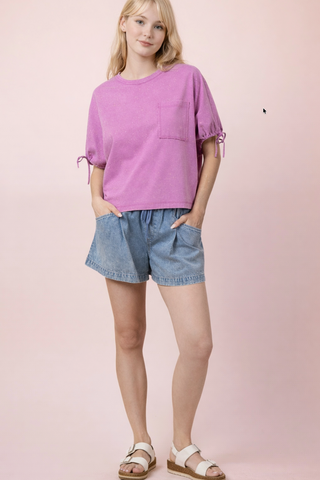 Julianna Mineral Wash Tie Sleeve Top • Orchid