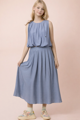 Joelle Pleated Bubble Blouse Top & Skirt Set • Denim