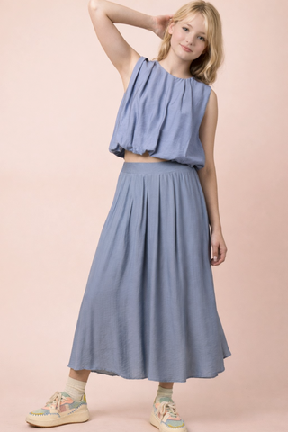 Joelle Pleated Bubble Blouse Top & Skirt Set • Denim
