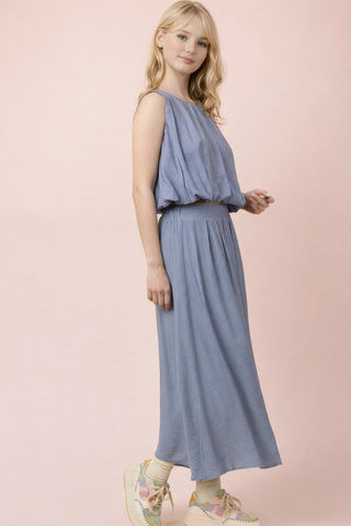 Joelle Pleated Bubble Blouse Top & Skirt Set • Denim