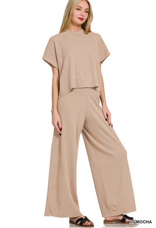 Lainey Short Sleeve Top & Pants Set • Light Mocha