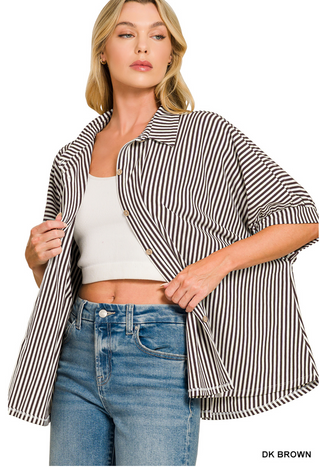 Livia Oversized Stripe Button-Down Top • Dark Brown