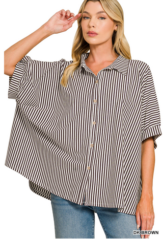 Livia Oversized Stripe Button-Down Top • Dark Brown