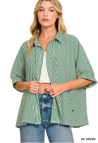 Livia Oversized Stripe Button-Down Top • Dark Green