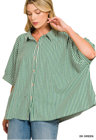 Livia Oversized Stripe Button-Down Top • Dark Green