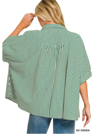 Livia Oversized Stripe Button-Down Top • Dark Green