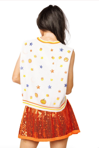 QOS White Full Sequin Pumpkin & Small Icon Vest