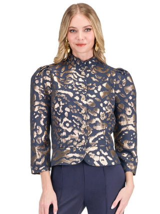 Stand Collar Cropped Jacket • Leopard Brocade