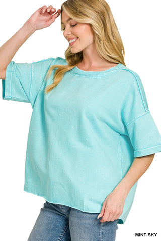 Julie French Terry Acid Wash Tee • Mint Sky